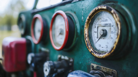 Close-up view of vintage pressure gauges on an old machine, capturing the essence of industrial nostalgia in a serene countryside environment, showcasing unique details.の素材
