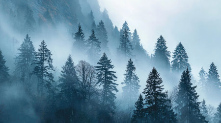 A captivating misty forest scene with tall evergreen trees, enveloped in soft fog, creating a tranquil and mysterious atmosphere perfect for nature lovers.の素材