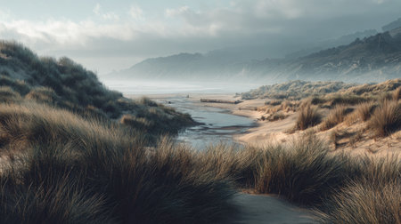 Experience a tranquil coastal landscape where gentle sand dunes meet a meandering river, enveloped by fog. This serene scene captures the essence of nature's beauty.の素材