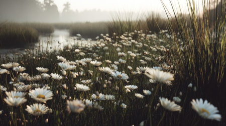 A serene marshland scene featuring beautiful wildflowers surrounded by misty morning air. This tranquil landscape captures the essence of nature's beauty and peacefulness.の素材
