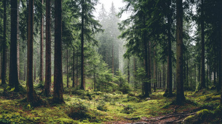 A beautiful misty forest scene showcasing tall trees and lush underbrush, evoking a sense of serenity and connection with nature. Perfect for outdoor themes.の素材