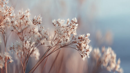 This image captures a serene moment showcasing delicate flowers with soft textures, gently swaying in the breeze against a calming background, evoking beauty and tranquility.の素材