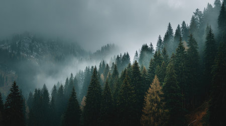A captivating view of a misty forest landscape featuring evergreen pine trees and foggy mountains, creating a serene and atmospheric nature scene.の素材