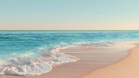 A stunning view of calm ocean waves gently lapping against a sandy beach, showcasing a peaceful atmosphere under a clear blue sky with soft pastel hues at sunset.の素材