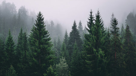 This image captures a tranquil forest scene with tall evergreen trees shrouded in soft fog, creating a serene and atmospheric natural landscape perfect for relaxation.の素材