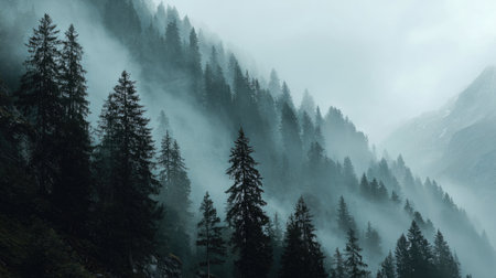 A serene and misty landscape featuring tall pine trees shrouded in fog, showcasing the beauty of nature in a tranquil setting, perfect for exploration themes.の素材