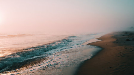 A stunning beach scene showcasing gentle waves lapping at the shoreline under a soft, misty sunrise. Perfect for capturing the essence of tranquility and natural beauty.の素材