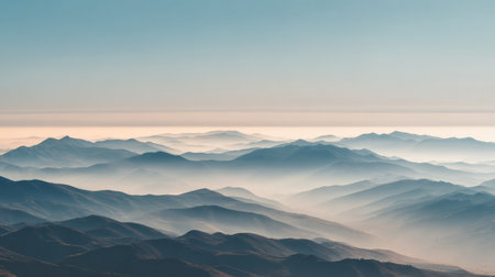 Experience the beauty of majestic mountains adorned with layers of mist and fog. A tranquil scene that captures the essence of nature's serene landscapes.の素材