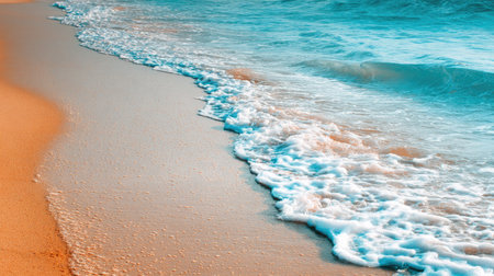 Explore a serene beach scene featuring gentle waves lapping on soft sand under a bright sky, ideal for relaxation, travel themes, and peaceful escapes.の素材