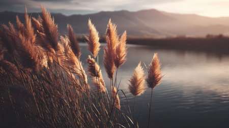 A stunning scene featuring golden pampas grass swaying gently by a serene water body, framed by distant mountains and a soft sunset glow creating an enchanting atmosphere.の素材