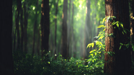 A serene forest scene showcasing sunlight filtering through tall trees, illuminating lush green leaves and creating a peaceful atmosphere among nature's beauty.の素材