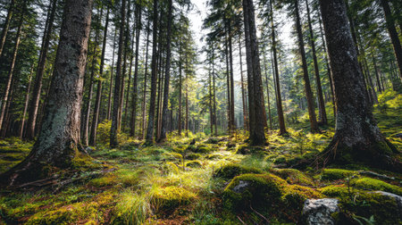 A tranquil forest scene featuring tall trees and soft sunlight filtering through the lush canopy. Perfect for nature lovers, outdoor activities, and serene environments.の素材