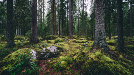Explore a serene green forest filled with tall trees and soft moss covering the ground, inviting tranquility and connection with nature in every step.の素材