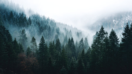 Explore the enchanting beauty of a misty evergreen forest landscape, where lush trees rise amidst a veil of fog, creating a serene and tranquil atmosphere.の素材