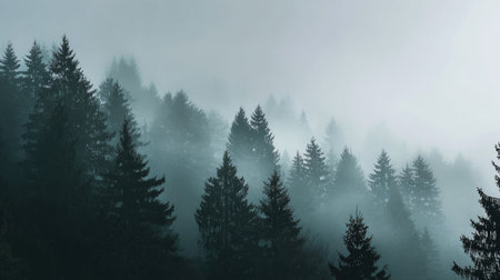 Enigmatic forest scene enveloped in gentle fog, featuring towering evergreen trees. The soft light creates a serene atmosphere, inviting exploration and reflection.の素材