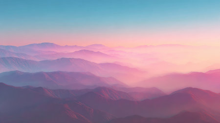 This serene mountain landscape captures the beauty of dawn with soft hues of pink and blue. Layers of fog create a tranquil atmosphere, perfect for nature lovers.の素材