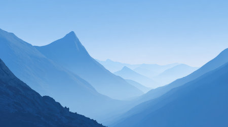 Experience the tranquil beauty of a serene mountain landscape, featuring layered blue tones and majestic peaks, perfect for projects focused on nature and exploration.の素材