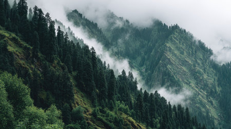 Explore a breathtaking natural landscape featuring majestic mountains wrapped in fog, lush green trees, and a serene atmosphere perfect for outdoor adventures.の素材