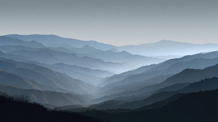 A captivating view of layered mountains at dusk, showcasing the beauty of nature with soft blue shades and tranquil shadows, perfect for outdoor themes.の素材