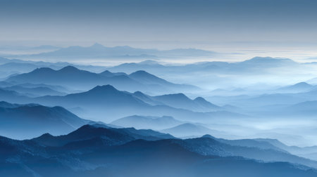 A tranquil mountain landscape featuring layers of misty blue mountains shrouded in fog. This serene scene invites calmness and inspires a sense of peace and exploration.の素材