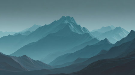 A serene mountain landscape captured at dusk, featuring calming shades of blue and gray. This atmospheric artwork portrays nature's breathtaking beauty and tranquility.の素材