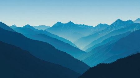 Experience a tranquil scene of layered mountain ranges under a clear sky, showcasing soft blue hues that evoke a sense of peace and natural beauty.の素材