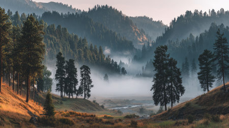 A breathtaking morning view of the Rocky Mountain landscape, featuring tall pine trees amidst thick fog and a gently flowing river through the serene valley at dawn.の素材