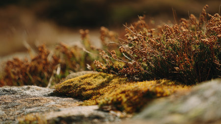 A stunning close-up captures vibrant green moss and soft brown grass on rocky terrain, highlighting the beauty of nature in a serene outdoor setting during daylight.の素材