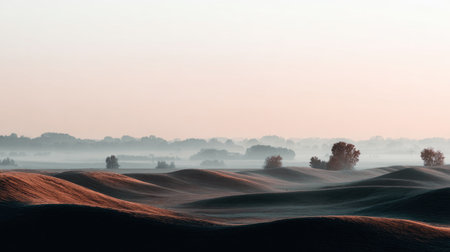 Captivating view of rolling hills illuminated by soft morning light. The serene landscape features gentle contours and a mystical mist, evoking a sense of peace.の素材