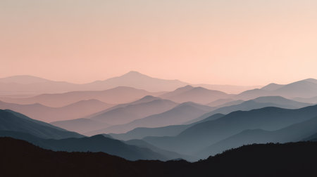 A breathtaking view of layered mountains at dusk, showcasing a gradient of soft pastel colors. This tranquil landscape invites a sense of peace and serenity.の素材