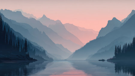 A breathtaking mountain landscape featuring serene waters and misty peaks at sunrise. This natural setting exudes tranquility and breathtaking beauty, perfect for escape.の素材