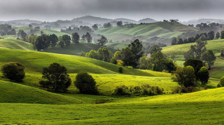 A serene and picturesque view of rolling green hills, dotted with trees, under a soft cloudy sky, creating a peaceful natural landscape perfect for relaxation and exploration.の素材