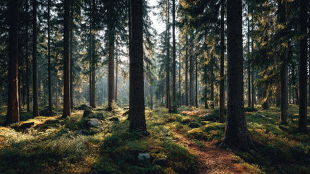 A peaceful forest scene featuring tall pine trees with sunlight streaming through the branches, illuminating lush green underbrush and creating a tranquil atmosphere.の素材