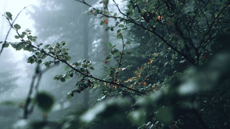 A tranquil forest scene showcasing lush greenery as rain falls gently, creating a serene atmosphere filled with mist and soft light, perfect for nature lovers.の素材