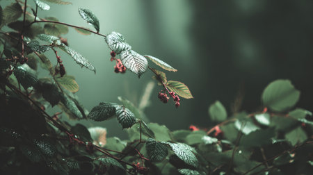A serene close-up of dew-covered leaves on a branch, set against a soft focus background. This image captures the beauty and tranquility of nature in a lush environment.の素材
