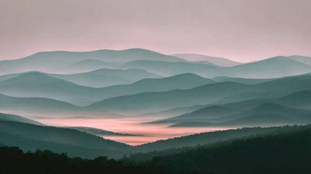 A tranquil landscape featuring soft rolling hills shrouded in mist at dawn. The gentle colors blend beautifully, creating a serene atmosphere perfect for relaxation.の素材