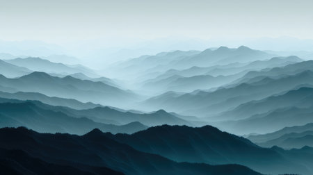 This stunning image depicts layered mountains engulfed in soft fog, showcasing various shades of blue that create a tranquil atmosphere perfect for nature themes.の素材