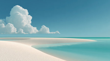 A stunning coastal view featuring soft white sand, gentle waves, and a clear blue sky filled with fluffy clouds. The scene invites tranquility and relaxation.の素材