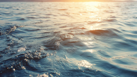 This image showcases beautiful gentle waves on the water's surface at sunrise. Soft ripples reflect light creating a calm, serene atmosphere and peaceful experience.の素材