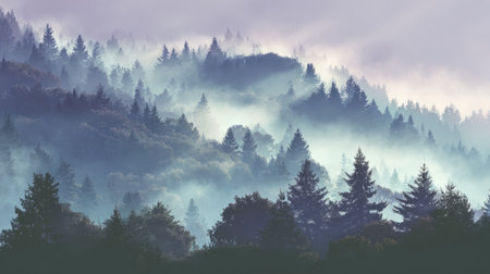 A tranquil view of a misty forest showcasing evergreen trees and soft fog enveloping rolling hills, creating an ethereal atmosphere perfect for nature lovers.の素材