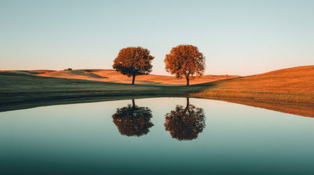 A serene landscape featuring two trees reflected in calm water during golden hour, showcasing the beauty of nature in a tranquil countryside setting.の素材
