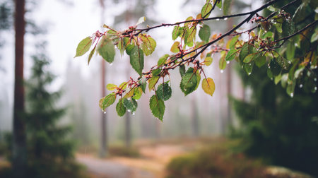 A captivating image featuring rain-soaked leaves hanging delicately on branches, set amidst a serene forest filled with fog. The tranquil scene conveys the beauty of nature.の素材