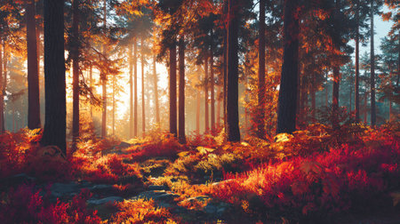 A captivating forest scene showcasing vivid autumn colors, with sunlight streaming through tall trees, illuminating a serene pathway surrounded by rich foliage.の素材