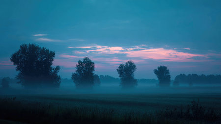 A serene landscape captured at dawn where soft mist envelops silhouetted trees and rolling fields, evoking a sense of calm and tranquility in nature's beauty.の素材