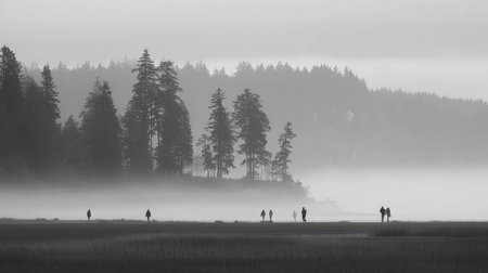 A hauntingly beautiful black and white scene showcasing figures walking through a foggy landscape, enveloped by mist and towering trees, evoking a sense of tranquility.の素材