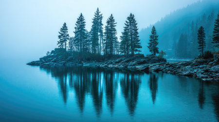 Experience a tranquil scene of a misty morning at a serene lake, where silhouetted pine trees reflect beautifully on the still waters, capturing pure nature's solitude.の素材