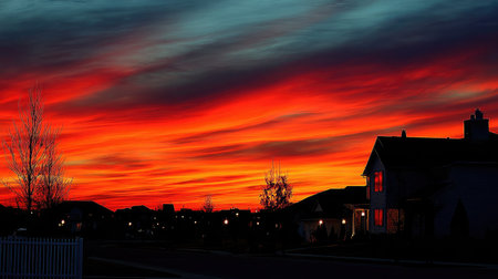 A vibrant sunset paints the sky in stunning oranges, reds, and blues over a picturesque suburban neighborhood, creating a serene and tranquil evening atmosphere.の素材