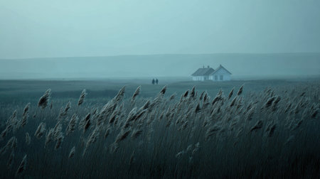 A tranquil landscape capturing a solitary white house amidst misty marsh grass. Two figures appear in the distance, enhancing the serene atmosphere of the scene.の素材