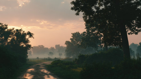 Embrace the tranquility of nature in this serene dawn landscape featuring a misty pathway, lush greenery, and a soft sunrise glow over the horizon.の素材