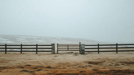 This captivating image captures a foggy landscape featuring a wooden fence and gate, set against a muted gray sky, creating a tranquil and mysterious atmosphere.の素材